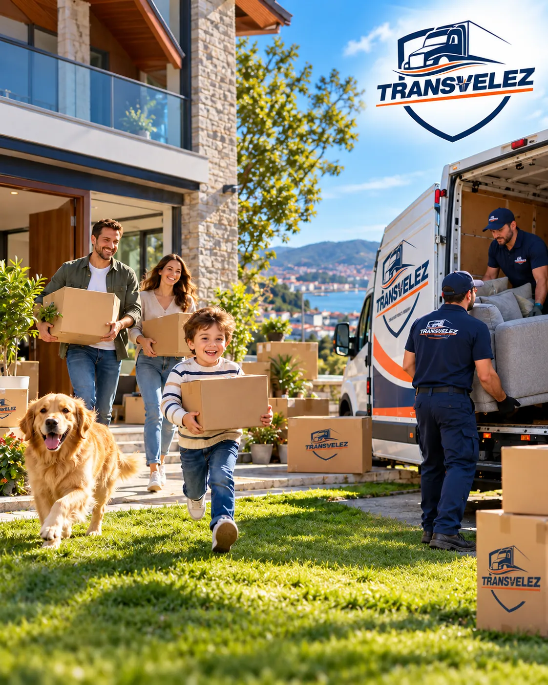 Familia con su hijo y su perro llevando cajas a su nueva casa, con una furgoneta de TransVelez al fondo