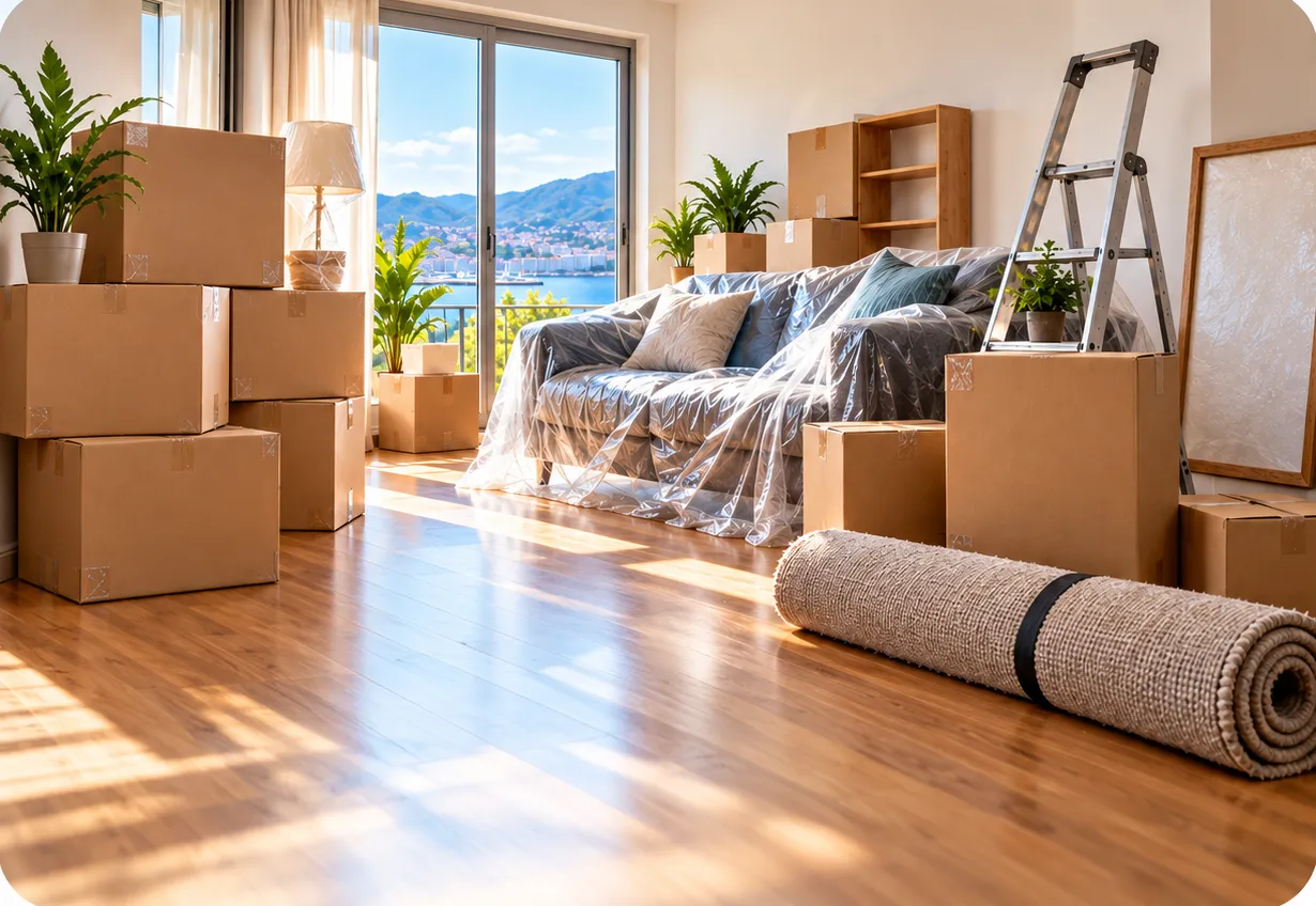 Salón con cajas de embalaje y muebles protegidos listos para la mudanza