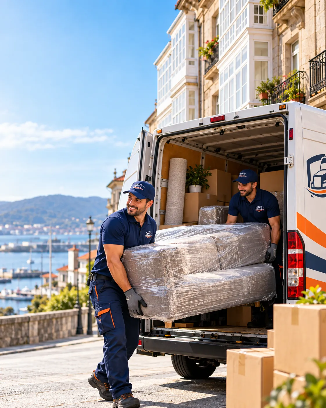 Operarios de TransVelez cargando un sofá protegido en una furgoneta en Vigo
